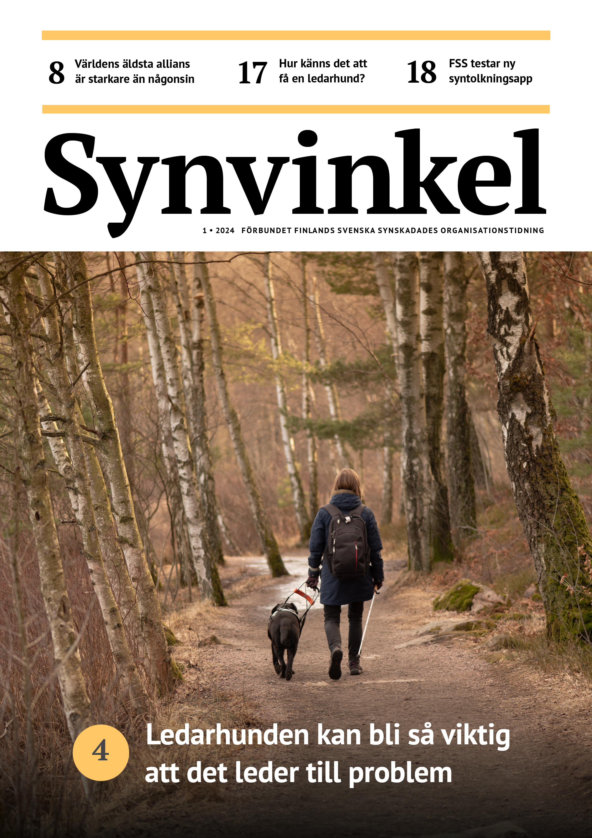 En ung kvinna med ryggsäck och vit käpp går på en skogsväg, tillsammans med sin svarta ledarhund. Det är höst och vägen kantas av björkar som tappat bladen.