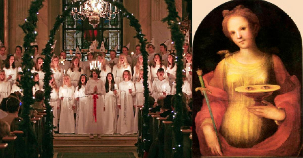 Kollage av två bilder. I den vänstra står en vitklädd Lucia med ljuskrona och rött skärp i en juldekorerad kyrka. Ett tiotal tärnor och stjärngossar står bakom. Kyrkgäster ser på föreställningen. Den högra bilden är en tavla av helgonet Sankta Lucia som håller ett fat med två ögon i ena handen och ett svärd i den andra. Hon bär en beigefärgad klänning och en lång röd sjal draperad från den ena armen till den andra. det kastanjebruna, halvlånga håret är fäst på huvudet med en rosett i samma färg. 