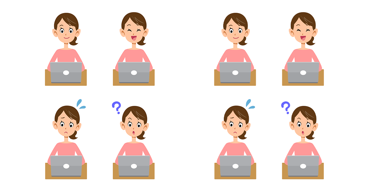 8 tecknade bilder av kvinna sittande vid datorn med olika miner, nöjd, skrattande, frustrerad, frågande.