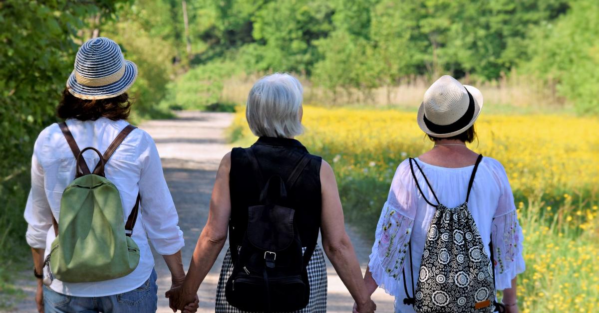 Bakifrånvy på tre damer i 60-års åldern, går hand i hand på en somrig och solig stig med blomäng i bakgrunden.